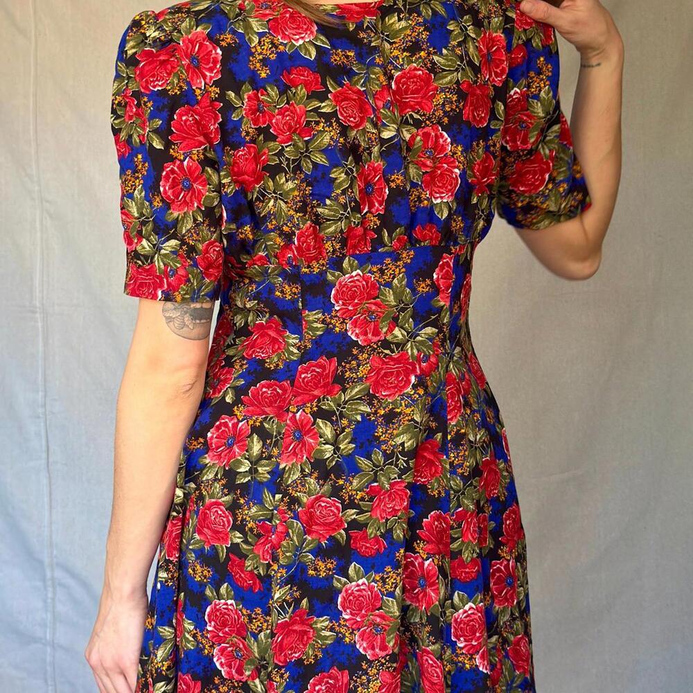 80s Black Floral Button Front Dress - Picture 3 of 12